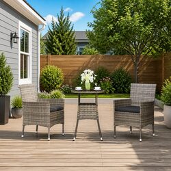 Durable 3 Piece Garden Bistro Set with Cushions in Grey