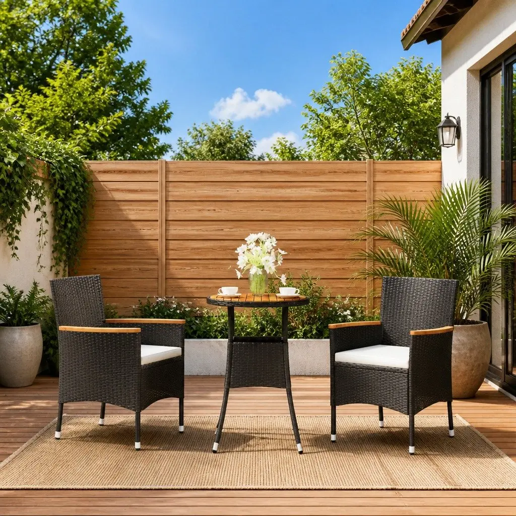 Bistro Set PE Rattan 3 Piece Outdoor Furniture Black with Cushions