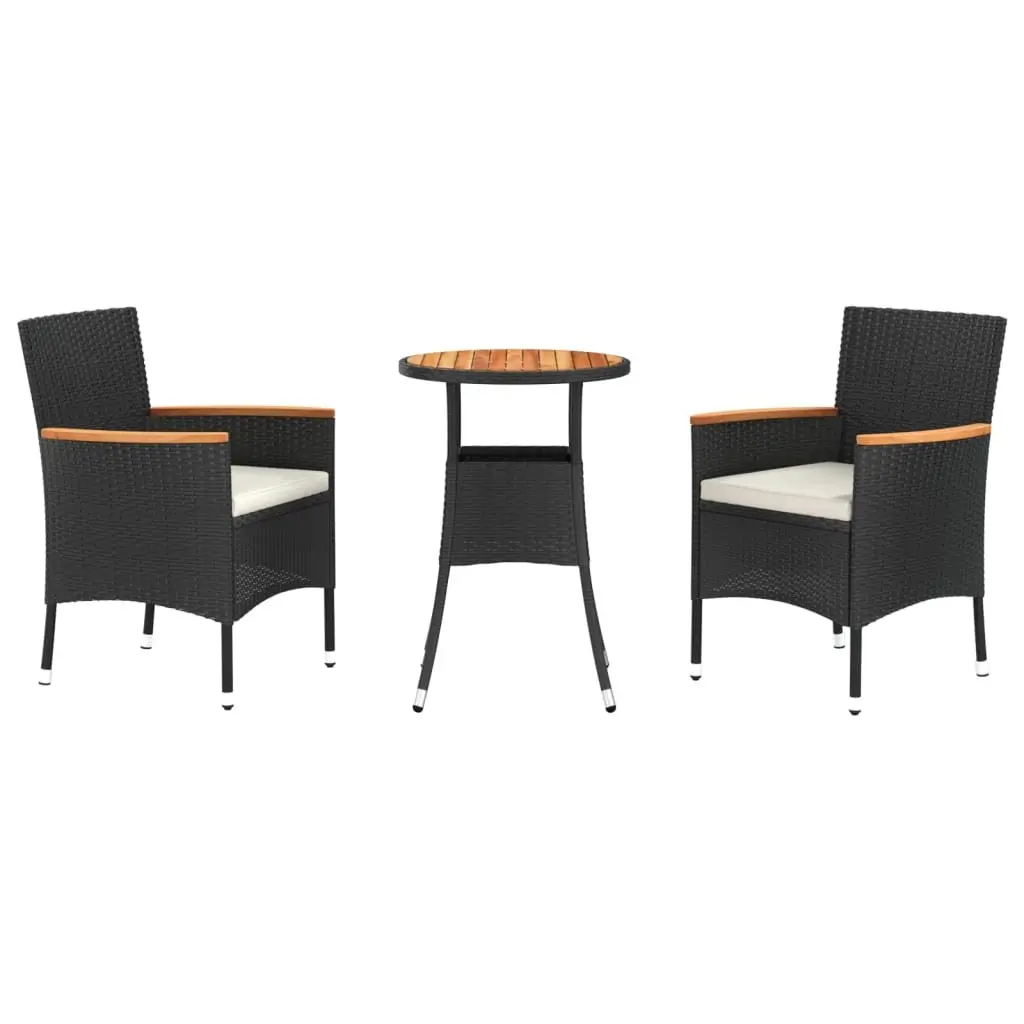 Bistro Set PE Rattan 3 Piece Outdoor Furniture Black with Cushions