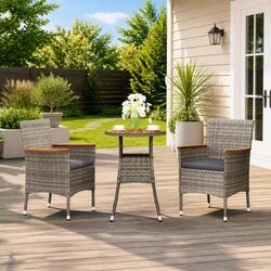 3 Piece Grey Poly Rattan Garden Bistro Set with Cushions