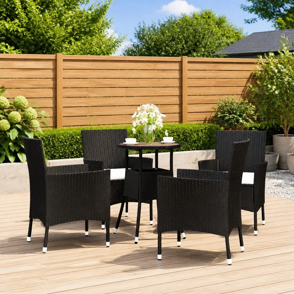 5 Piece Bistro Set PE Rattan Steel Frame Black Outdoor Furniture with Cushions