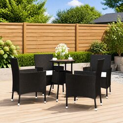 5-Piece Black Poly Rattan Garden Bistro Set with Cushions