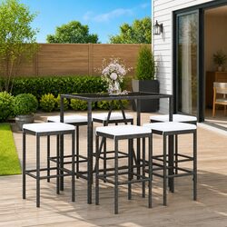 Premium 7 Piece Black Rattan Garden Bar Set with Cushions