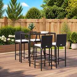 5-Piece Black Poly Rattan Outdoor Bar Set with Cushions