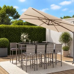 9 Piece Grey Poly Rattan Outdoor Bar Set with Cushions