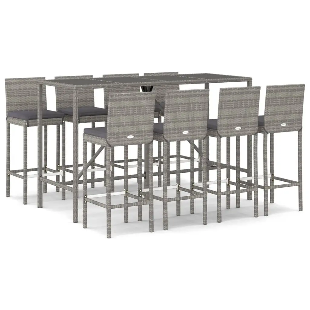 Outdoor Bar Set PE Rattan 9 Piece Grey Garden Patio Furniture with Cushions