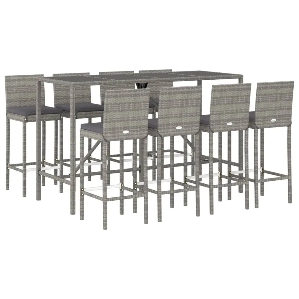 Outdoor Bar Set PE Rattan 9 Piece Grey Garden Patio Furniture with Cushions