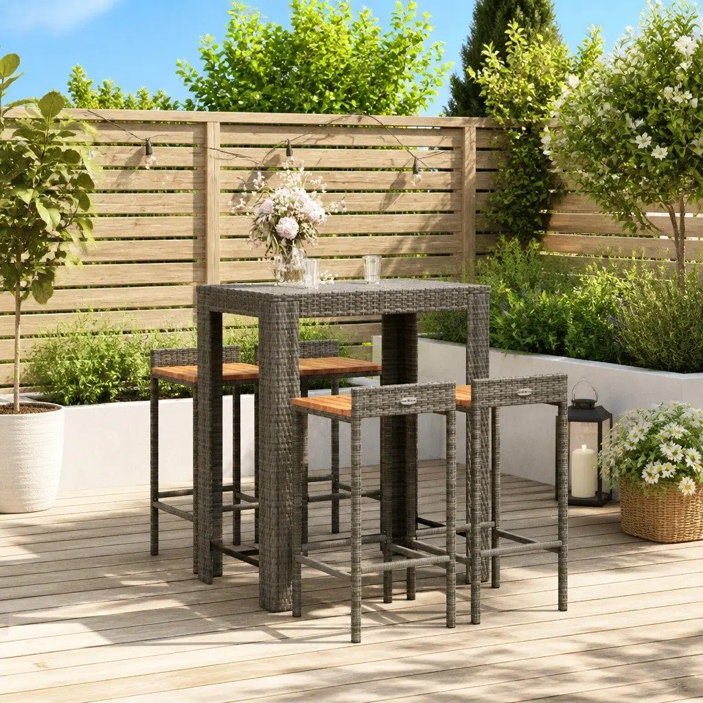 Garden Bar Set Poly Rattan Wood 5 Piece Grey Outdoor Furniture