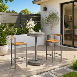 Sturdy Grey Poly Rattan Garden Bar Set with Wooden Stools