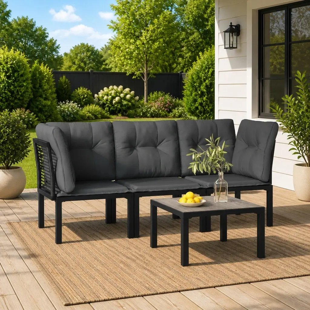Garden Lounge Set PE Rattan 4 Piece Outdoor Furniture Black Grey