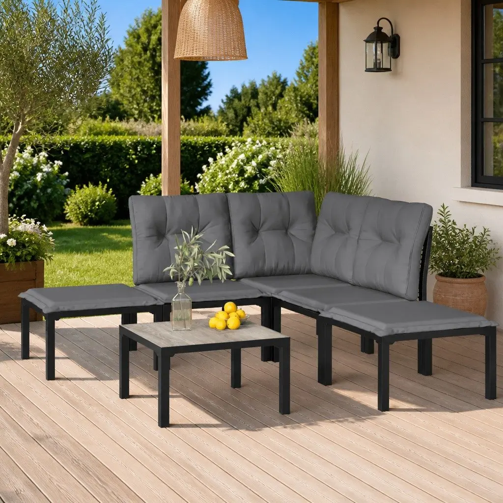 6 Piece Outdoor Garden Lounge Set in Black Grey