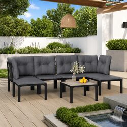 7 Piece Black Grey Garden Lounge Set with Weather-Resistant Rattan