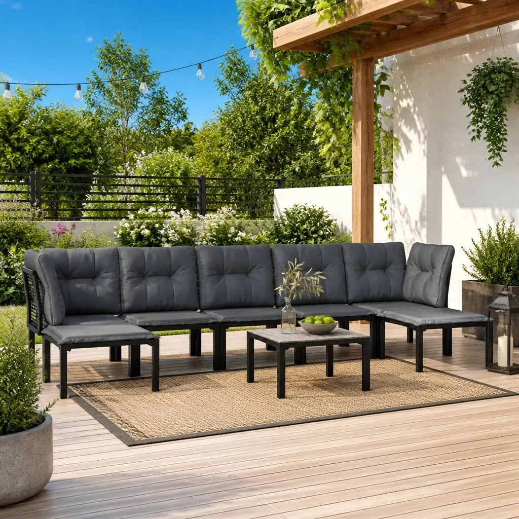 8-Piece Black Grey Poly Rattan Outdoor Lounge Set