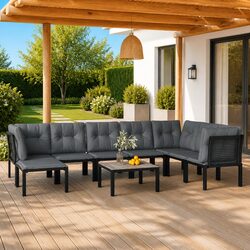 Stylish 9 Piece Black Grey Rattan Outdoor Lounge Set
