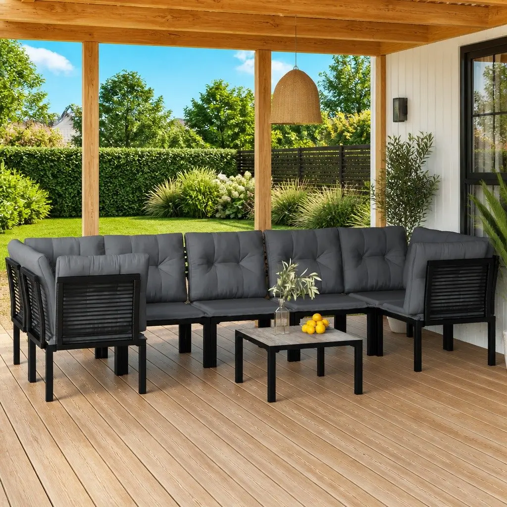 8 Piece Outdoor Poly Rattan Lounge Set in Black Grey