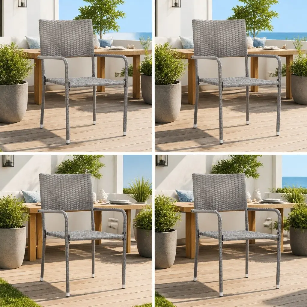 Stackable Grey Poly Rattan Outdoor Dining Chairs Set of 4