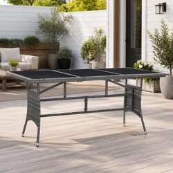 Durable Grey Poly Rattan Garden Table with Glass Top 170x80x74cm