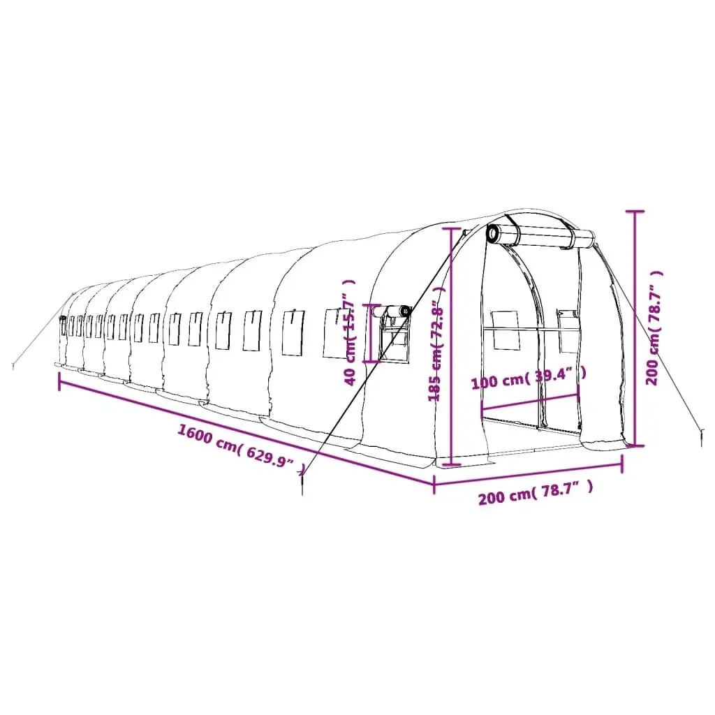 Greenhouse Steel Frame 16x2x2m Green UV Resistant PE Cover 32m²
