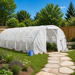 Durable 24m² White Steel Frame Greenhouse with Roll-Up Door