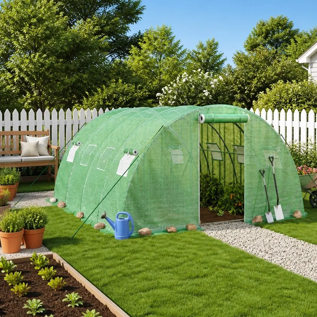 Greenhouse Steel Frame PE Cover 4x4x2m Green Durable Weather Resistant Garden Plant House