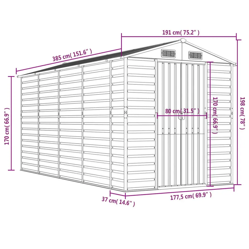 Green Galvanised Steel Garden Shed 191x385x198cm