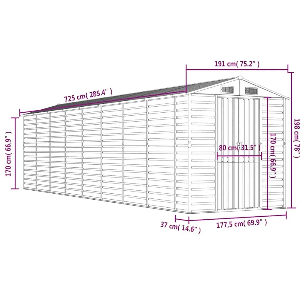 Green Galvanised Steel Garden Shed 191x725x198cm
