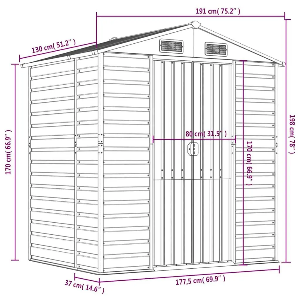 Grey Galvanised Steel Garden Shed 191x130x198cm