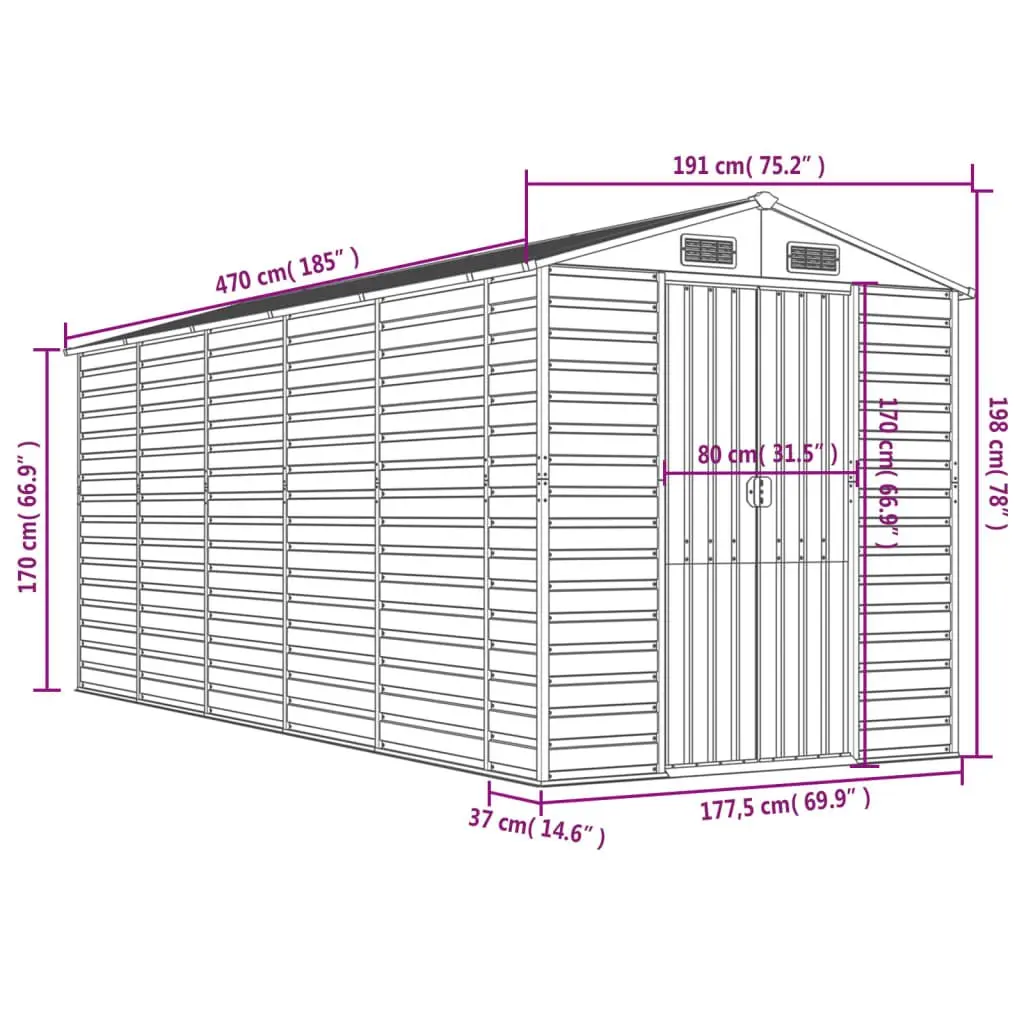Garden Shed Galvanised Steel 191x470x198cm Grey Outdoor Storage Tool House