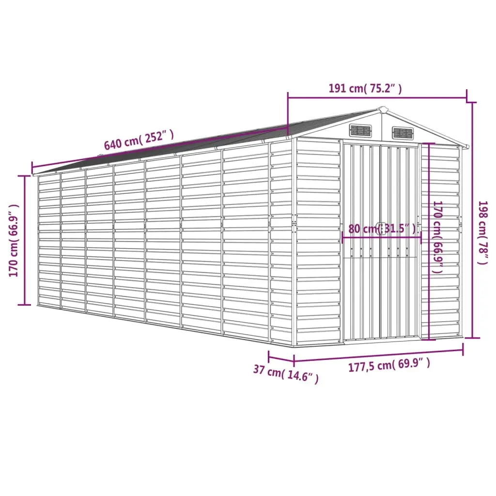 Garden Shed Brown 191x640x198 cm Outdoor Storage Galvanised Steel Tool House