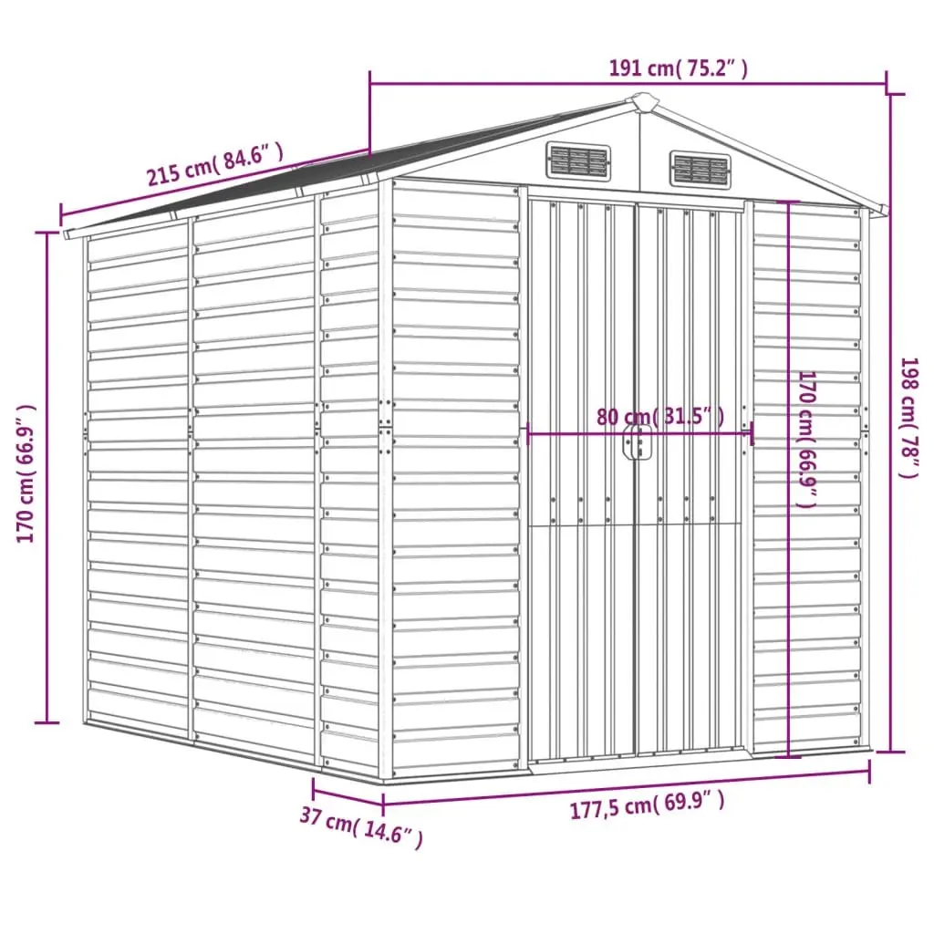Brown Galvanised Steel Garden Shed 191x215x198cm