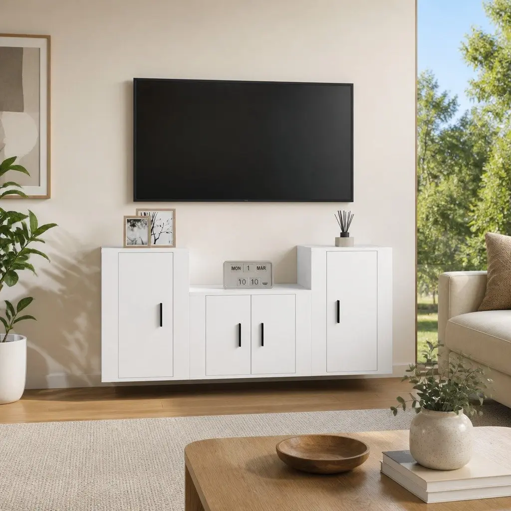 White Engineered Wood 3-Piece Wall-Mounted TV Cabinet