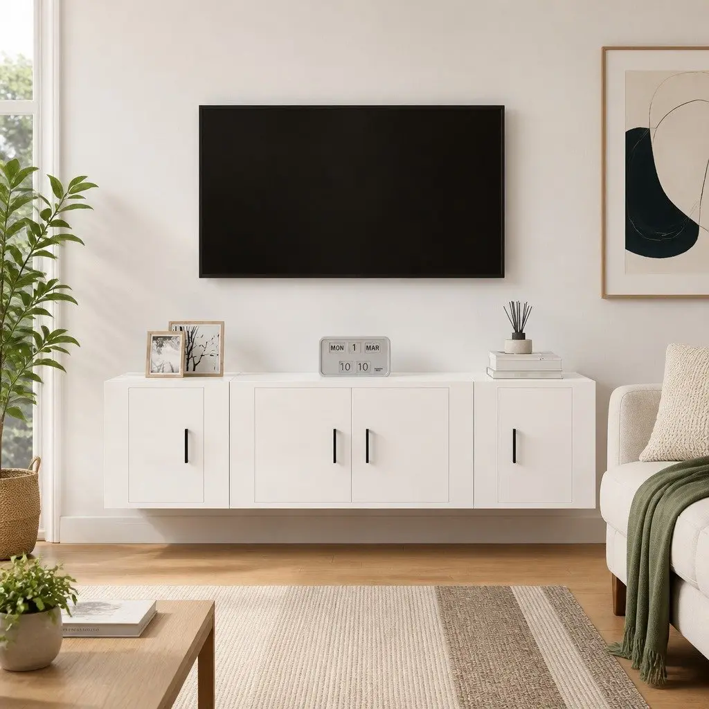 3 Piece TV Cabinet Set Engineered Wood Wall-Mounted High Gloss White