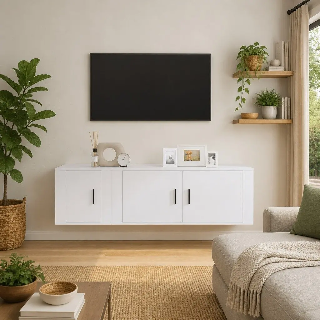TV Cabinet Set Engineered Wood 2 Piece Wall-Mounted Storage White