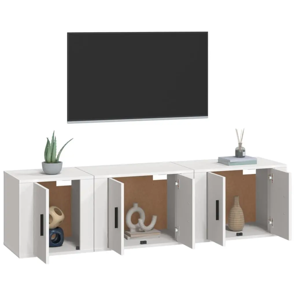 3 Piece White TV Cabinet Set Engineered Wood Wall-Mounted Media Storage