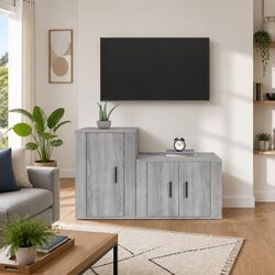 Stylish 2 Piece Grey TV Cabinet Set Engineered Wood Unit