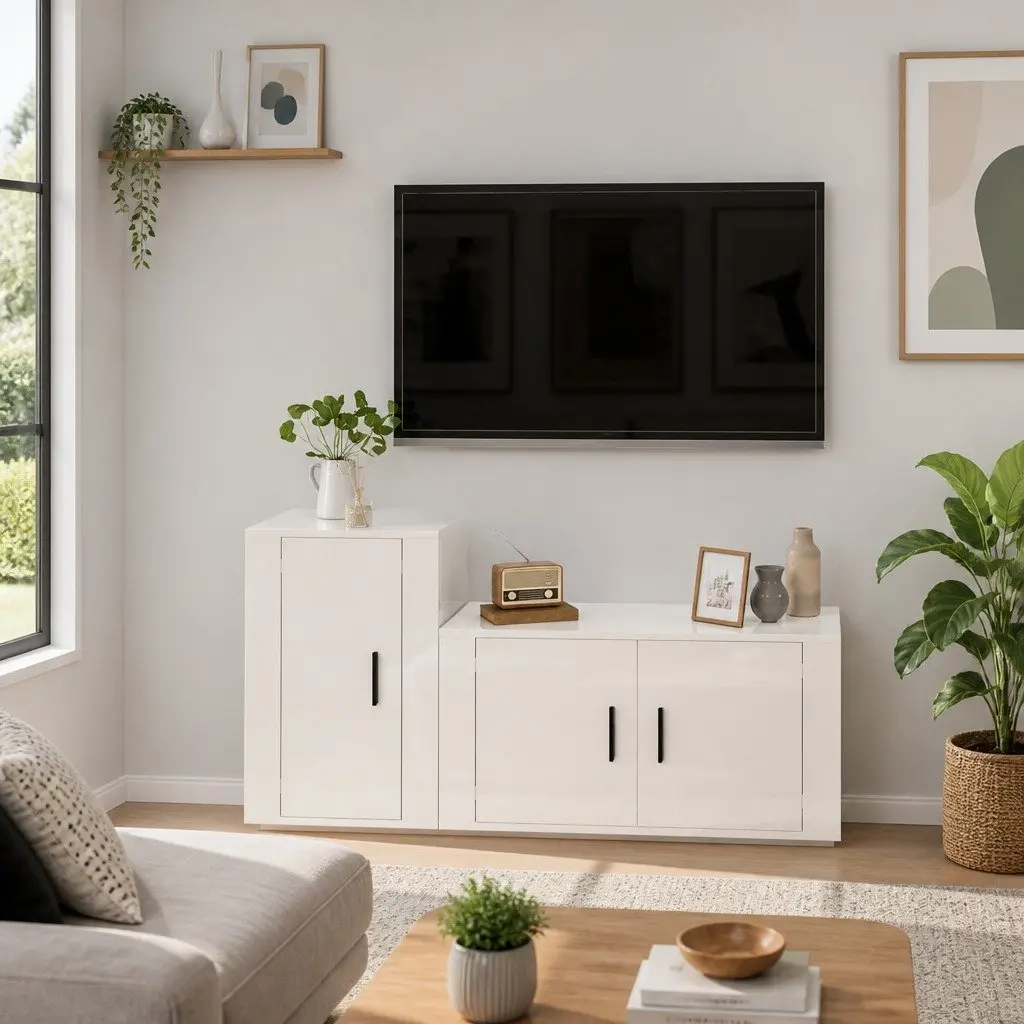 TV Cabinet Set 2 Piece Engineered Wood Wall Mounted High Gloss White