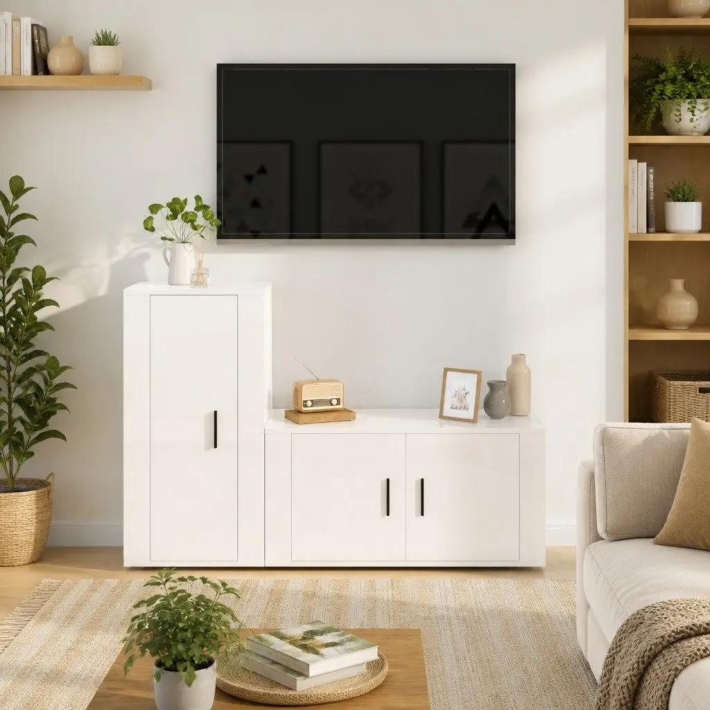 High Gloss White 2 Piece Wall-Mounted TV Cabinet Set