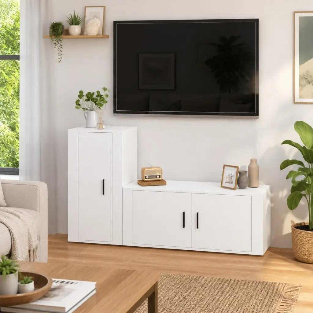TV Cabinet Set White Wall Mounted Storage Unit Engineered Wood Furniture