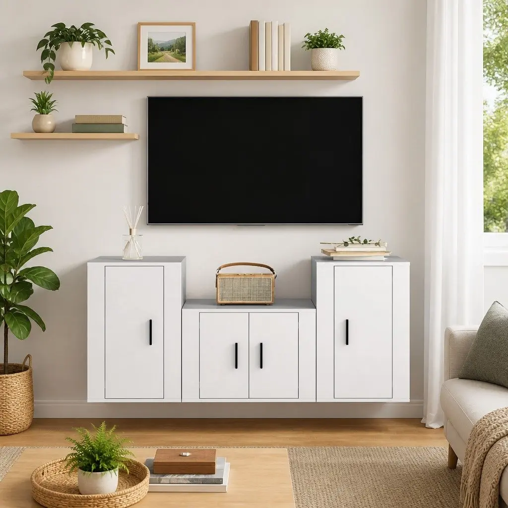 3 Piece White TV Cabinet Set for Wall Mounting