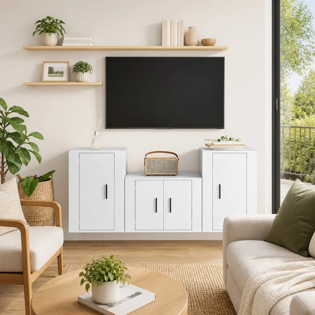 High Gloss White 3 Piece Wall Mounted TV Cabinet Set
