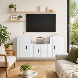 3 Piece TV Cabinet Set Wall Mounted High Gloss White Engineered Wood Storage