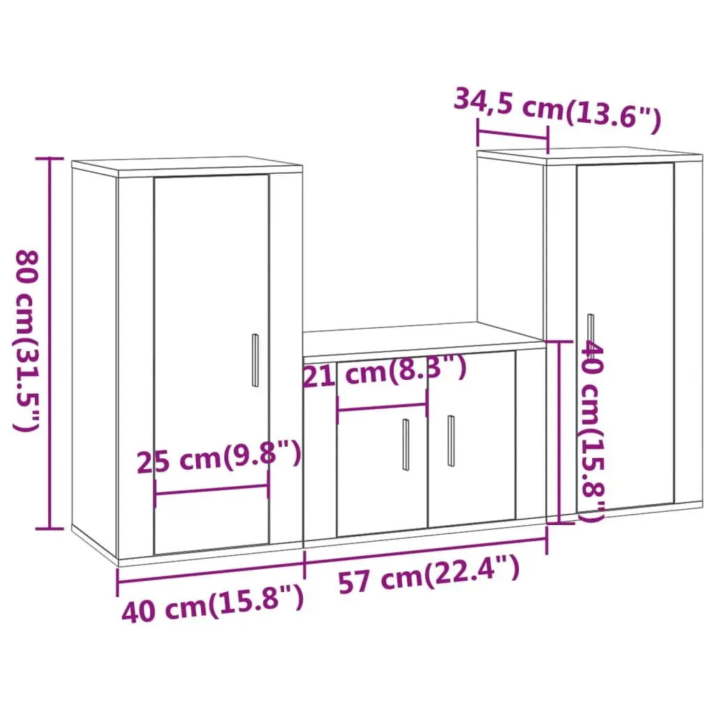 Engineered Wood 3 Piece Wall Mounted TV Cabinet Set