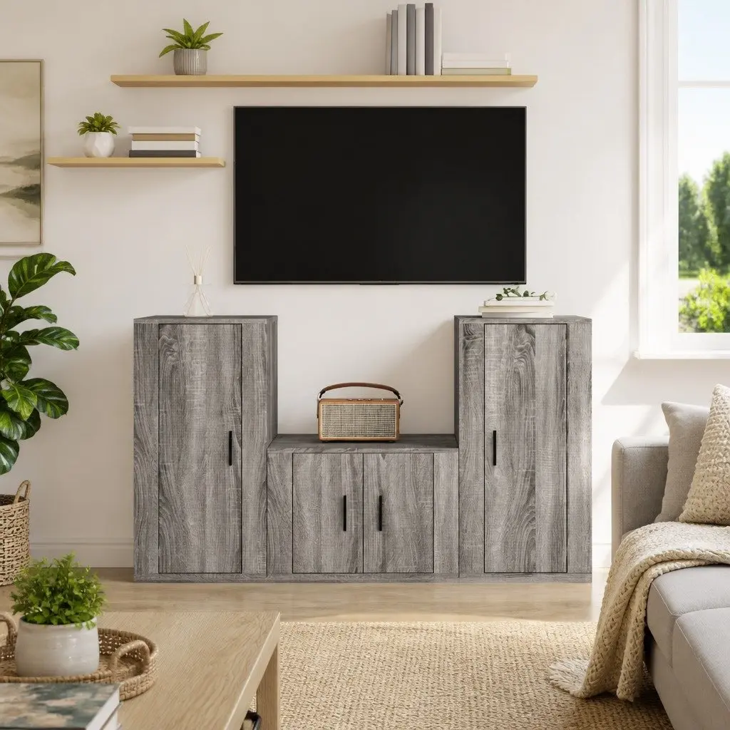 Grey Engineered Wood 3 Piece Wall-Mounted TV Cabinet Set