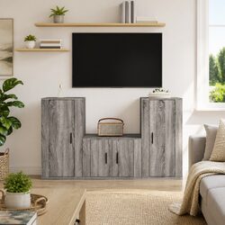 3 Piece TV Cabinet Set Wall-Mounted Storage Unit Grey Engineered Wood Furniture