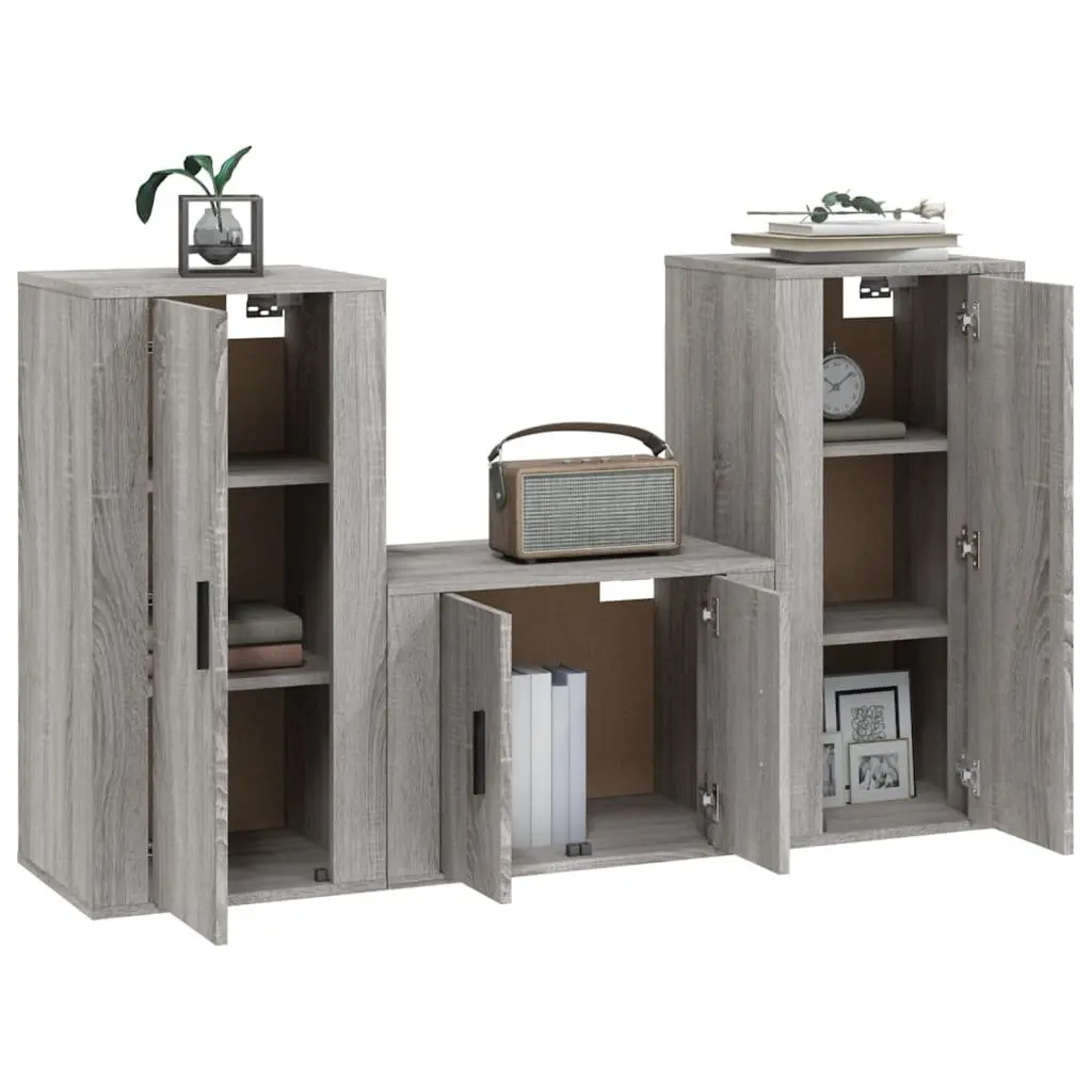 Grey Engineered Wood 3 Piece Wall-Mounted TV Cabinet Set