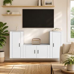 3 Piece TV Cabinet Set Wall-Mounted White Engineered Wood Storage Unit