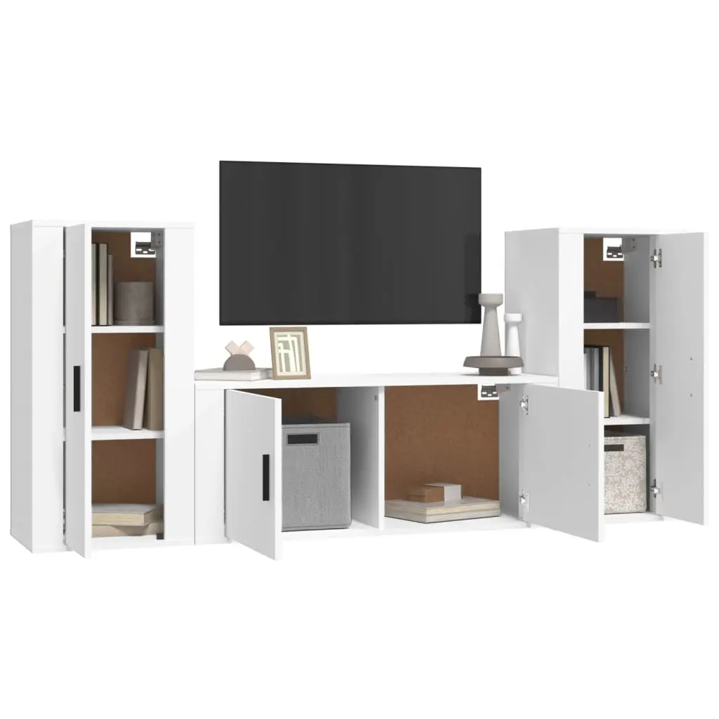 TV Cabinet Set Wall-Mounted White Engineered Wood Storage Unit 3 Piece