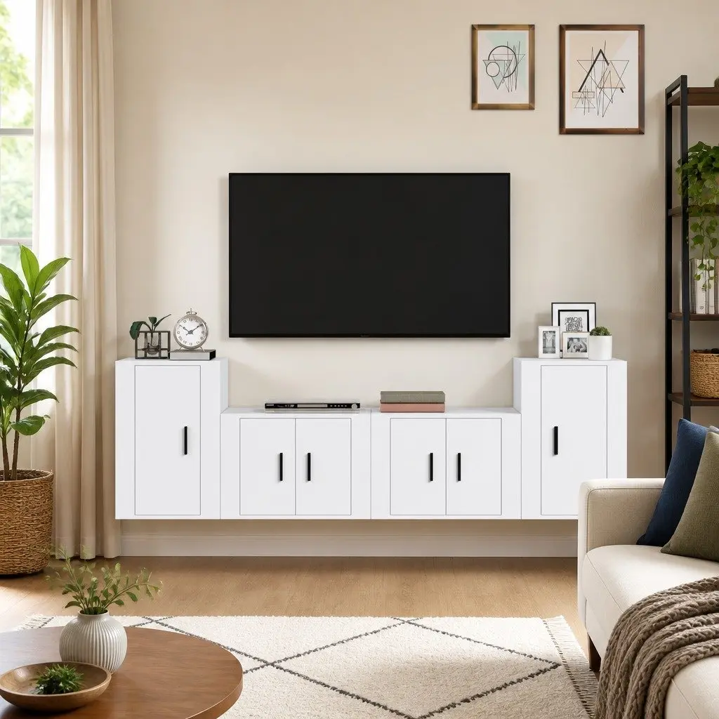 TV Cabinet Set Engineered Wood 4 Piece White Wall-Mounted Storage Unit