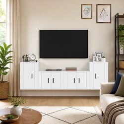 TV Cabinet Set 4 Piece White Wall-Mounted Storage Unit Organiser