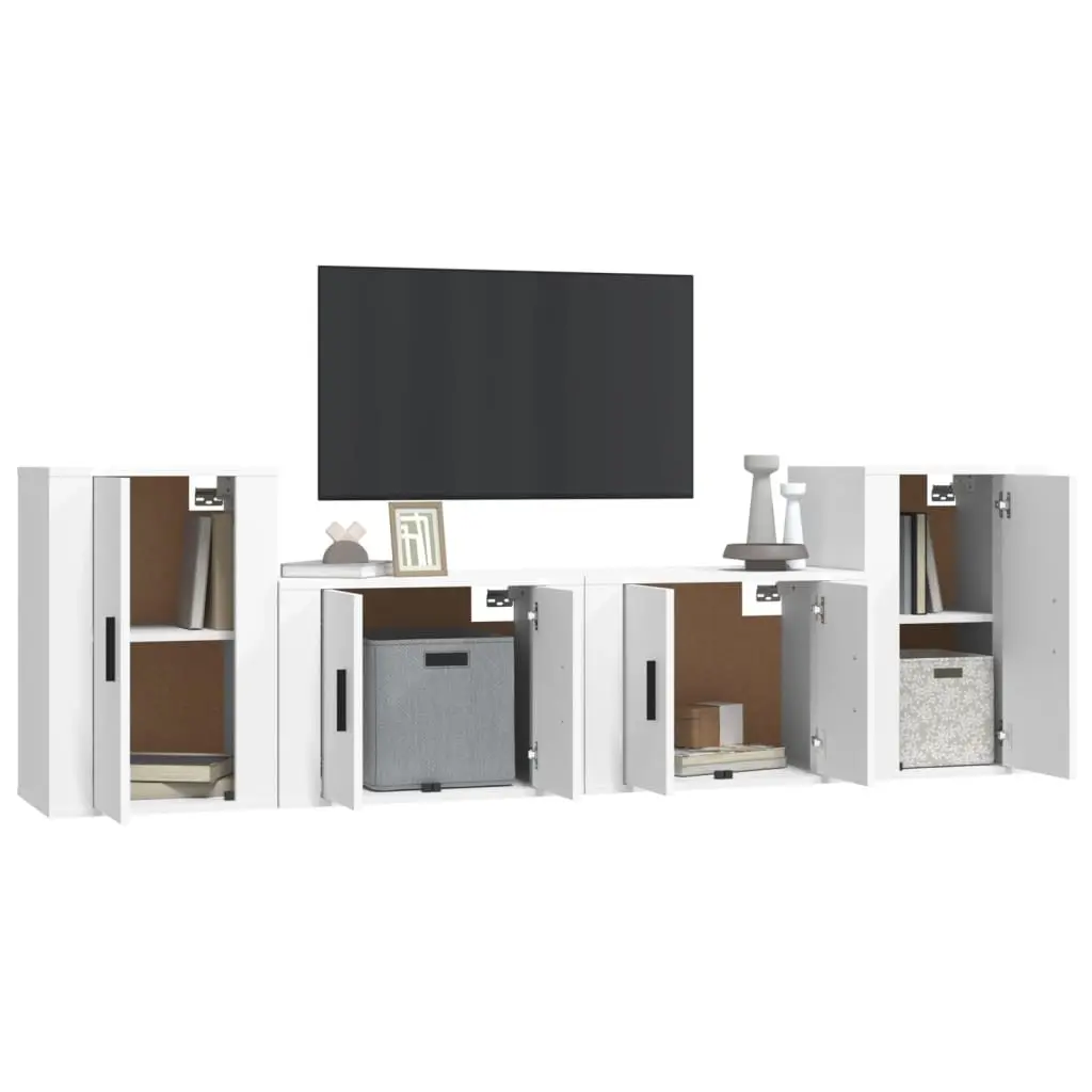 TV Cabinet Set Engineered Wood 4 Piece White Wall-Mounted Storage Unit